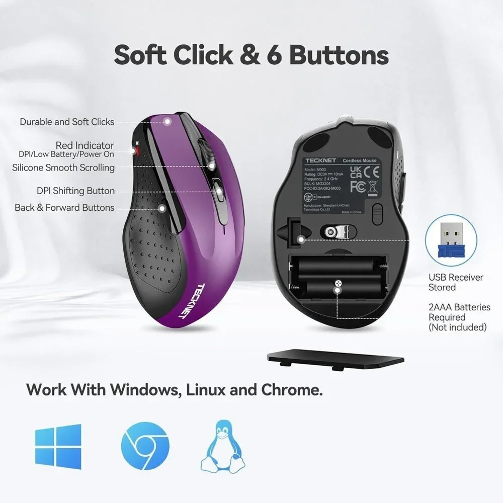 Purple TECKNET Ergonomic Wireless Mouse Adjustable 2600 DPI 6 Buttons NIB